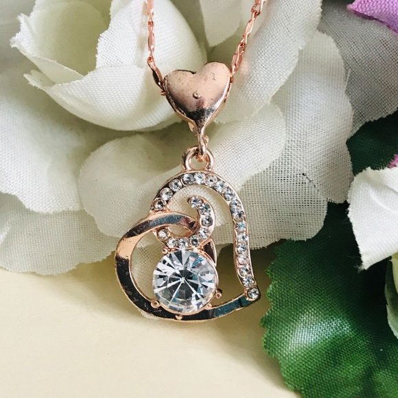 2CT 5A Austrian Crystal 18k Rose Gold Heart Necklace - Picture 4 of 7